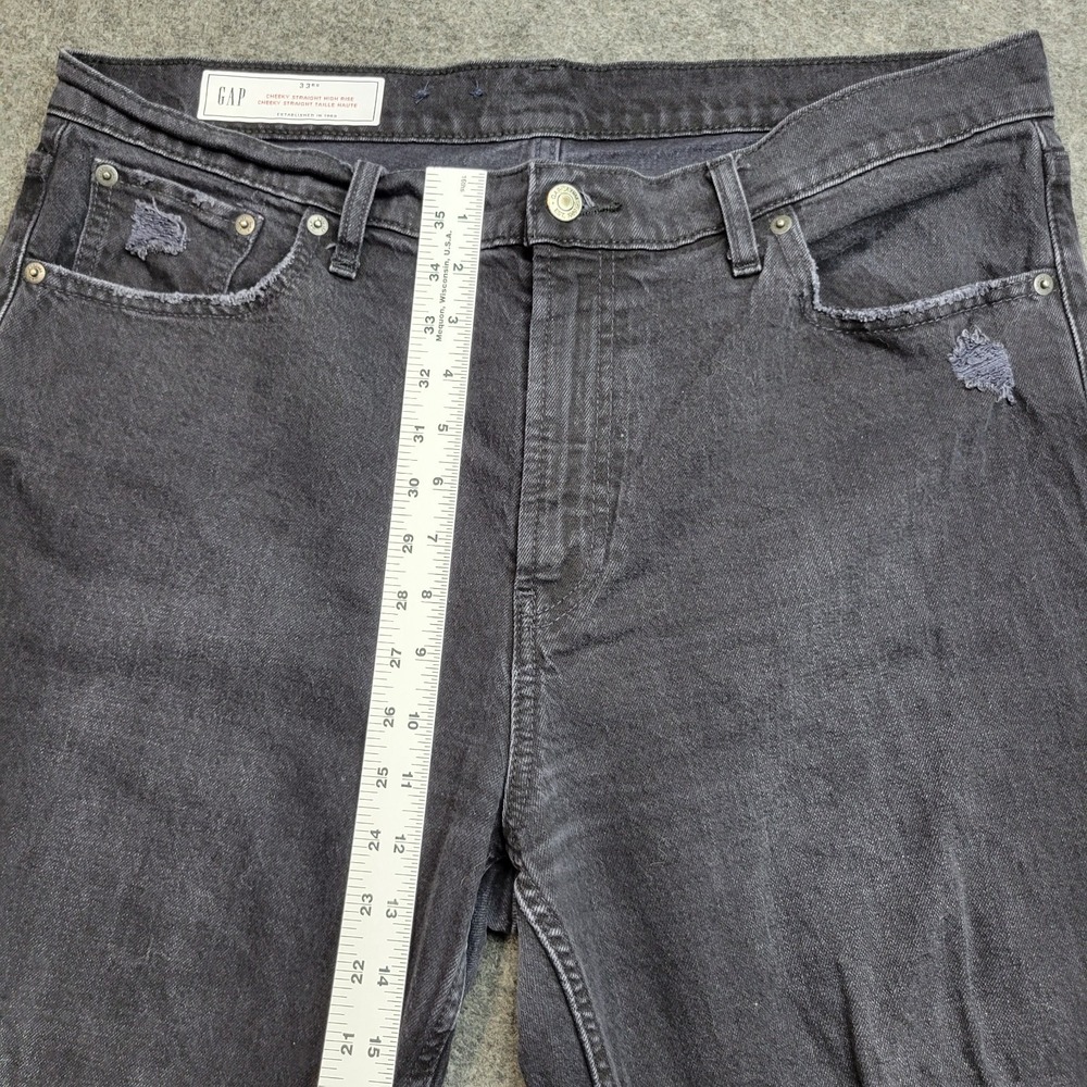 GAP Jeans Womens 33 Black Denim Distressed High Rise Americana Cheeky Straight - Picture 8 of 13
